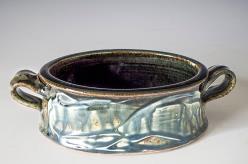 oval baker, blue ash glaze