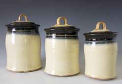 canisters, cream and dark blue